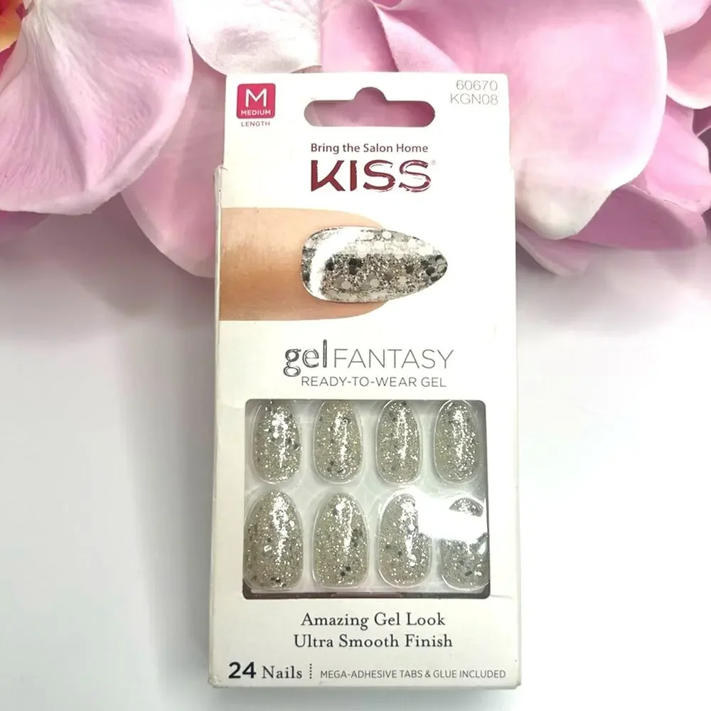 KISS Gel Fantasy Nails KGN08 Silver Glam Glitter Press-On Nails Short Almond